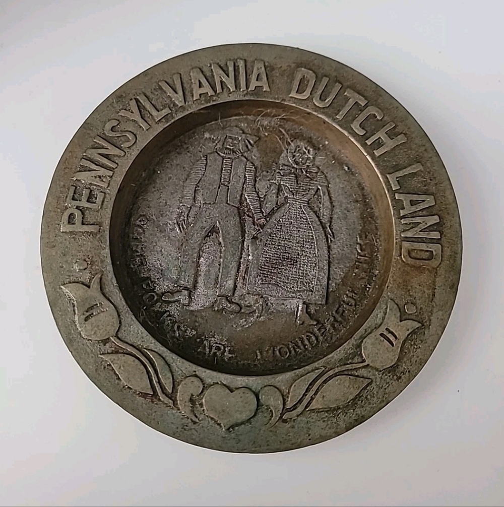 Vintage Pennsylvania Dutch Land Souvenir Brass Coin Trinket Dish Ashtray